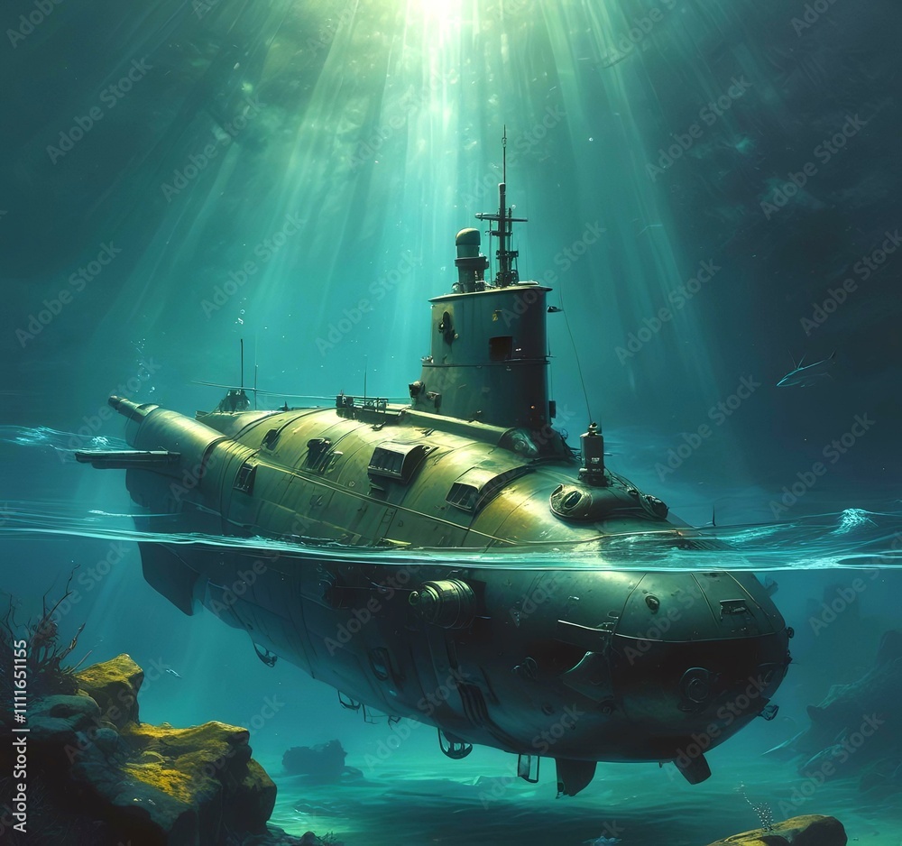 Illustration of submarine in deep ocean water. Illustration of submarine in deep ocean water.