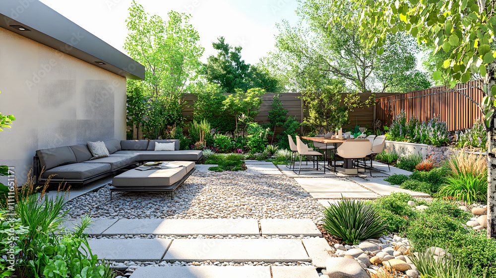 Modern Backyard Patio with Fire Pit and Comfortable Seating Modern Backyard Patio with Fire Pit and Comfortable Seating