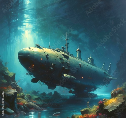 Wallpaper Mural Illustration of submarine in deep ocean water. Torontodigital.ca