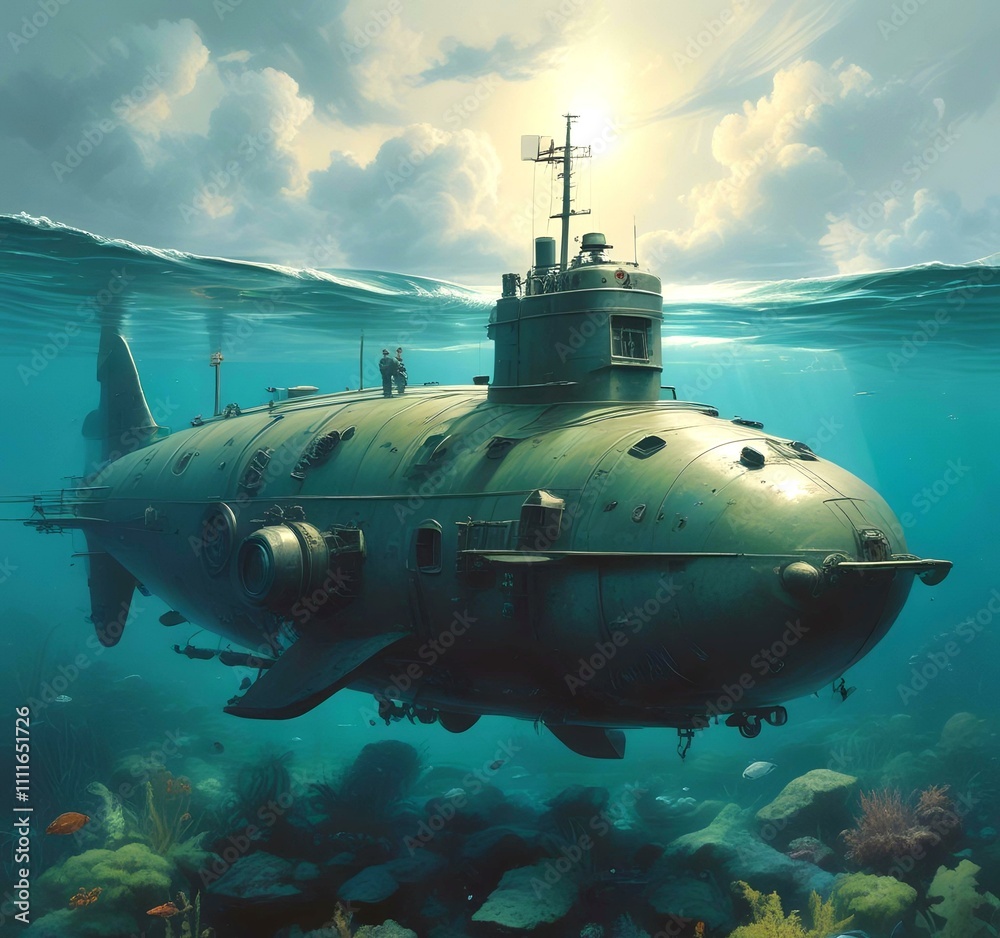 Illustration of submarine in deep ocean water. Illustration of submarine in deep ocean water.