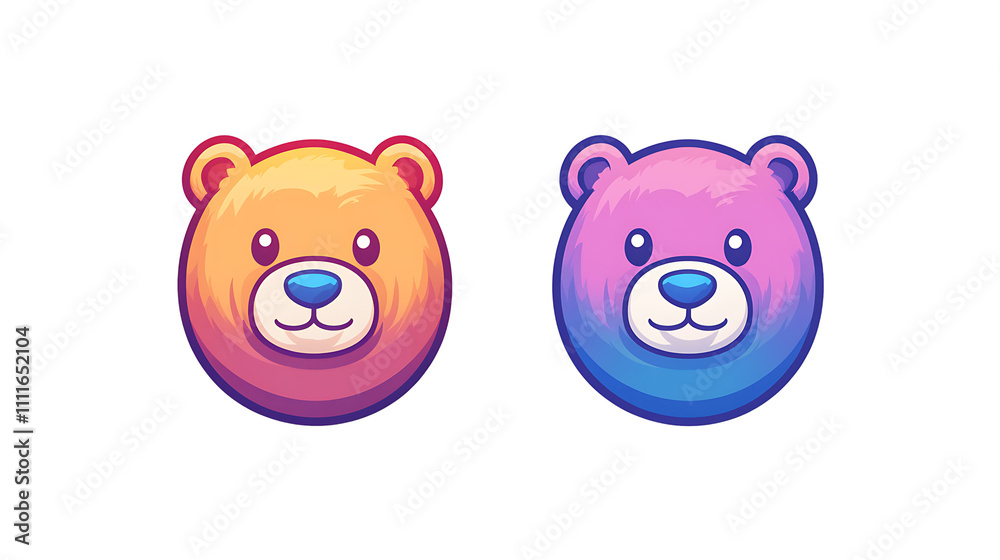 Obraz premium Two Bear logo for a game app, shows only the animal face as an icon, using colors orange, pink, blue, and purple, isolated on a transparent background