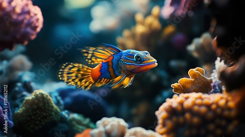 Vibrant Mandarin fish swims amidst colorful coral reef.