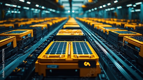 A futuristic warehouse filled with automated transport robots for logistics.