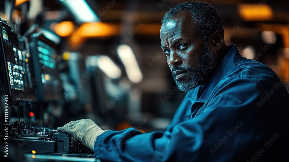 A focused worker operating machinery in a high-tech environment. A focused worker operating machinery in a high-tech environment.