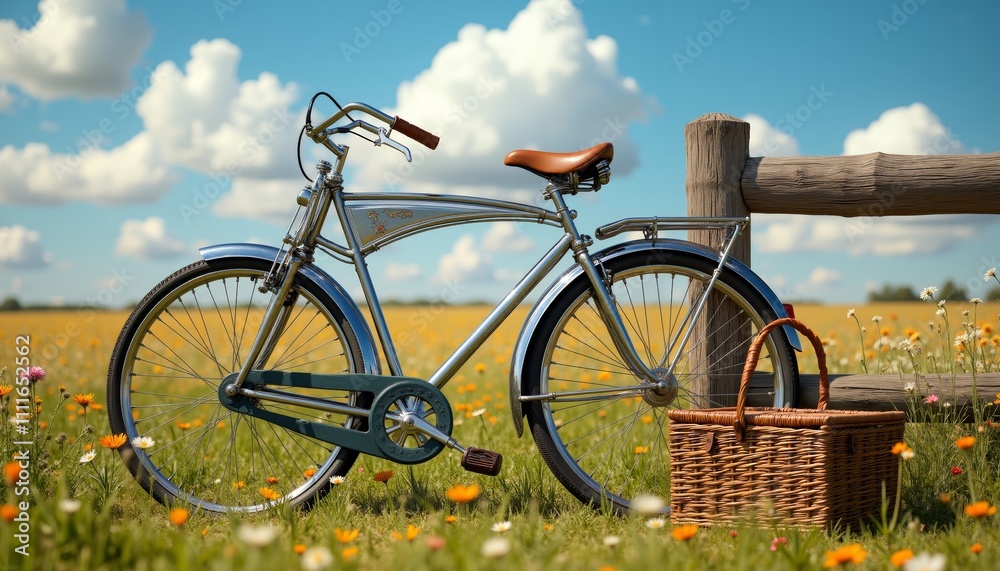 Fototapeta premium Vintage Bicycle with Chrome Frame by Rustic Wooden Fence