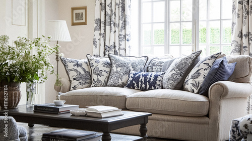 Elegant cottage or country house room, interior design and home decor, furniture and soft furnishing fabric and upholstery, English countryside style idea