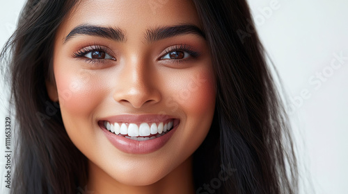 a closeup photo portrait of a beautiful young asian indian model woman smiling with clean teeth. used for a dental ad. isolated on white background.