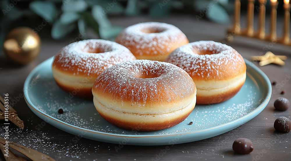 Hanukkah, donuts on the festive table, created using Generative AI technology. Hanukkah, donuts on the festive table, created using Generative AI technology.