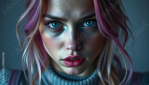 Woman with blue eyes and pink hair