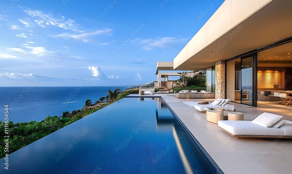 Luxury architecture, ocean front property landscape. Modern minimalist design with infinity pool, sleek contemporary designer furniture, panoramic coastal view background. vacation home or hotel. Luxury architecture, ocean front property landscape. Modern minimalist design with infinity pool, sleek contemporary designer furniture, panoramic coastal view background. vacation home or hotel.