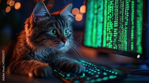 A cat curiously interacts with a computer displaying green code.