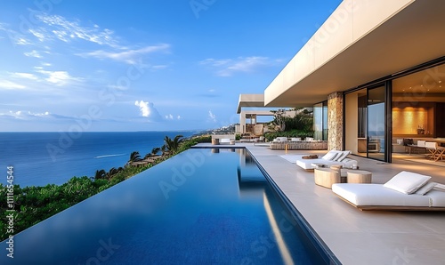 Luxury architecture  ocean front property landscape. Modern minimalist design with infinity pool  sleek contemporary designer furniture  panoramic coastal view background. vacation home or hotel.