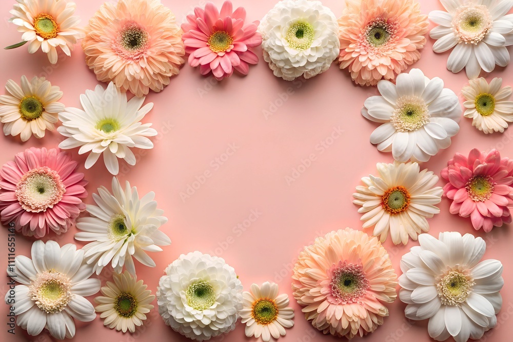 Flat lay of white and peach gerbera daisies and chrysanthemums arranged on a pink background, creating a frame with blank space in the center. Flat lay of white and peach gerbera daisies and chrysanthemums arranged on a pink background, creating a frame with blank space in the center.