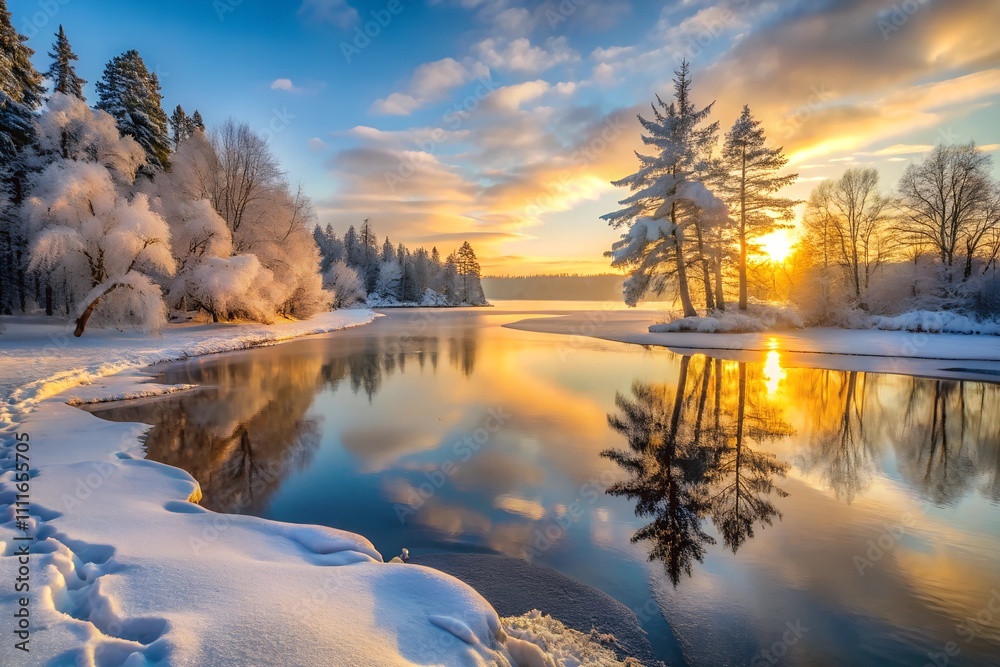 Fototapeta premium Frozen lake at sunrise, snow-covered banks and trees.