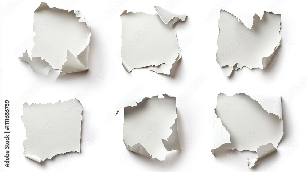 Set of torn paper strips isolated on background. Vector realistic illustration of ripped white sheet edges, blank reminder notice layout, pieces of used notebook page, waste material for recycling Set of torn paper strips isolated on background. Vector realistic illustration of ripped white sheet edges, blank reminder notice layout, pieces of used notebook page, waste material for recycling