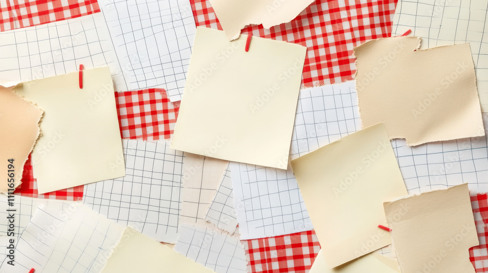 Blank memo note paper glued with transparent adhesive tape. White, brown and red flat and crumpled reminder and to do sticker with checkered and lined pattern, rough cut off edges and creases.