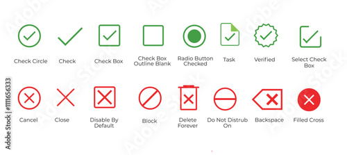 Check and tick button Icons, set of green and red check box with name.  vector symbol on transparent background