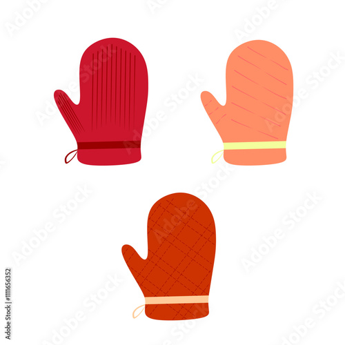 Homemade cooking red potholder oven mitts, gloves. Kitchen Bakery equipment, baking process. Bakery, bakery, cooking, sweet products, desserts. Vector for poster, banner, menu, cover, advertisement