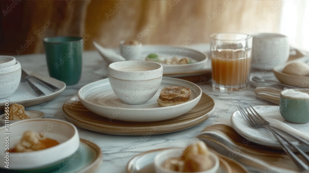 A minimalist breakfast setting with simple ceramic dishes, pastries, and a cup of coffee on a marble table, creating a serene dining atmosphere A minimalist breakfast setting with simple ceramic dishes, pastries, and a cup of coffee on a marble table, creating a serene dining atmosphere
