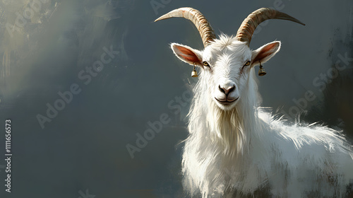 A curious white billy goat with horns and bell photo