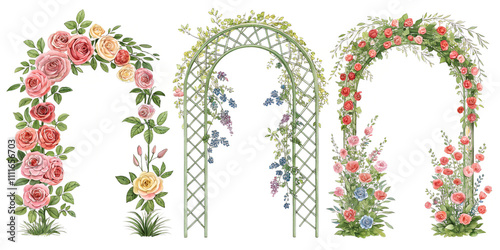 garden arches watercolor set painting drawing cut out isolated on white background