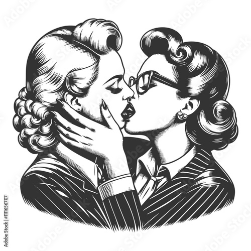 two businesswomen sharing a kiss, intimate moment with vintage charm sketch engraving generative ai fictional character vector illustration. Scratch board imitation. Black and white image.