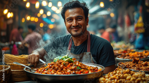 Smiling chef serving food at market