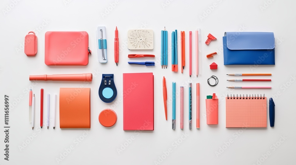 School supplies on white background. Flatlay. Copy space. Symbolic image School supplies on white background. Flatlay. Copy space. Symbolic image