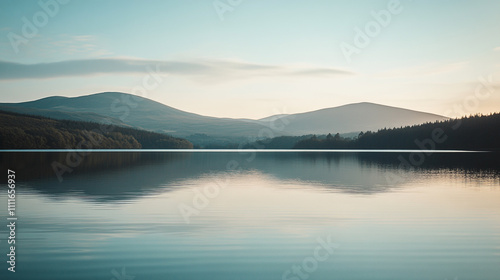 Serene lake reflecting mountains under soft evening light near a tranquil landscape