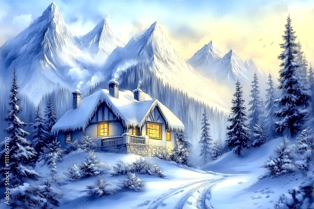 A snowy mountain landscape with a cabin in the foreground. The cabin is surrounded by trees and has a chimney. The scene is peaceful and serene, with the snow-covered mountains in the background A snowy mountain landscape with a cabin in the foreground. The cabin is surrounded by trees and has a chimney. The scene is peaceful and serene, with the snow-covered mountains in the background