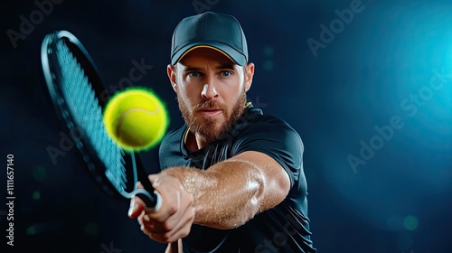 Dynamic Action Shot of a Focused Male Tennis Player Hitting a Tennis Ball with a Racket on a Dark Background.