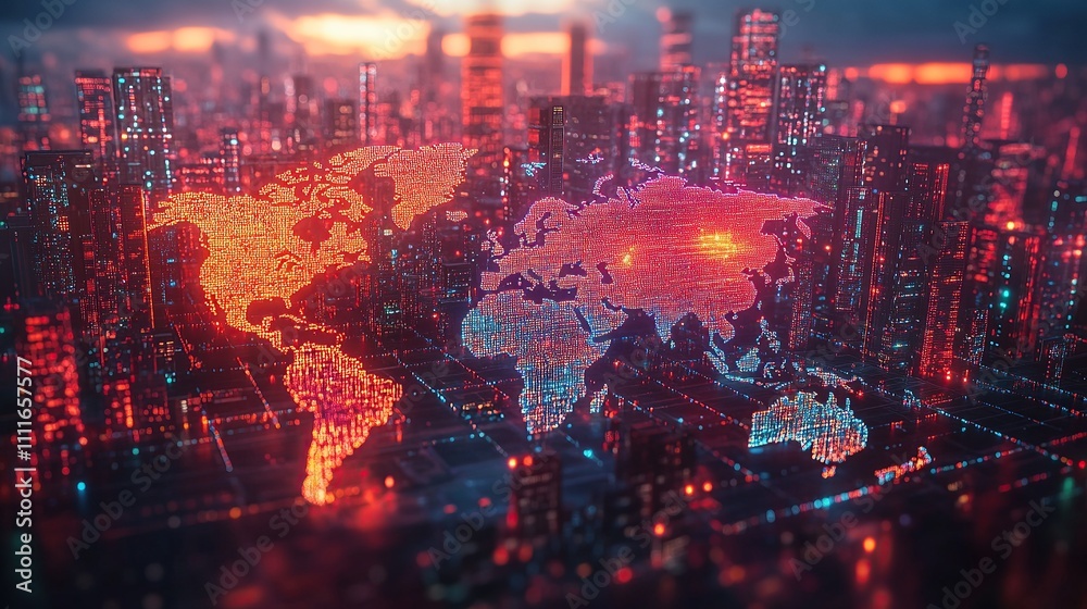 Obraz premium Futuristic world map over a digital cityscape at sunset.