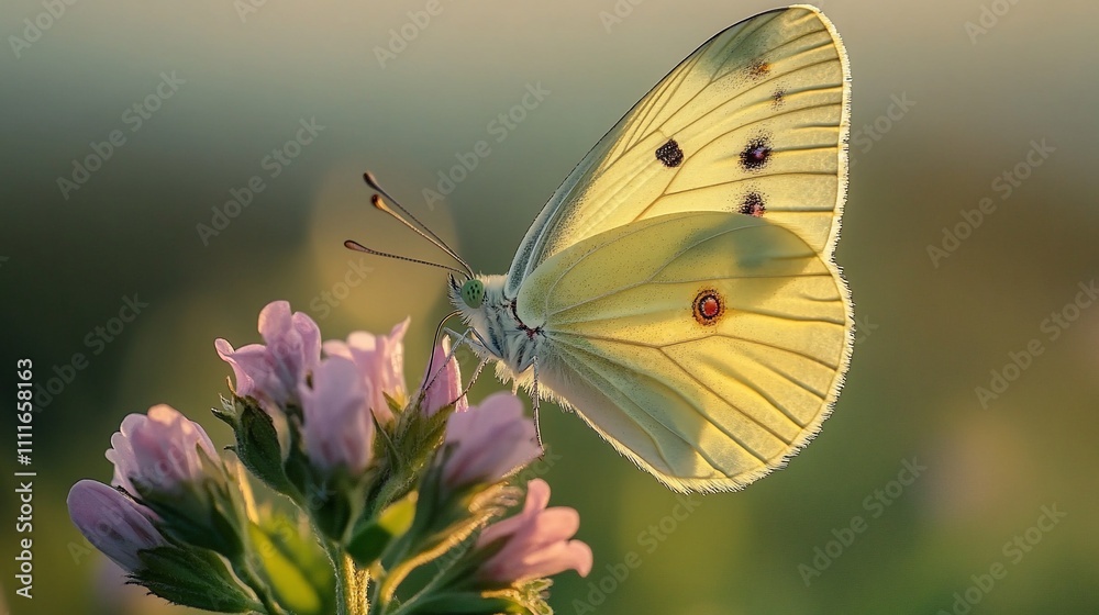 Pale yellow butterfly on pink flower at sunset. Pale yellow butterfly on pink flower at sunset.