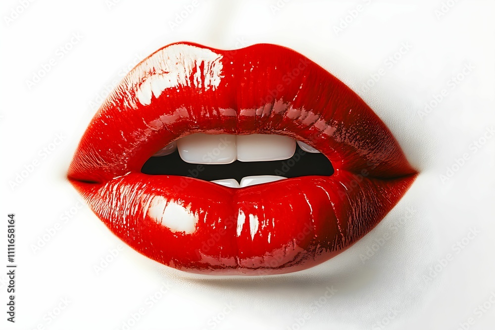Obraz premium A close-up of glossy red lips, emphasizing their smooth texture and vibrant color against a white background.