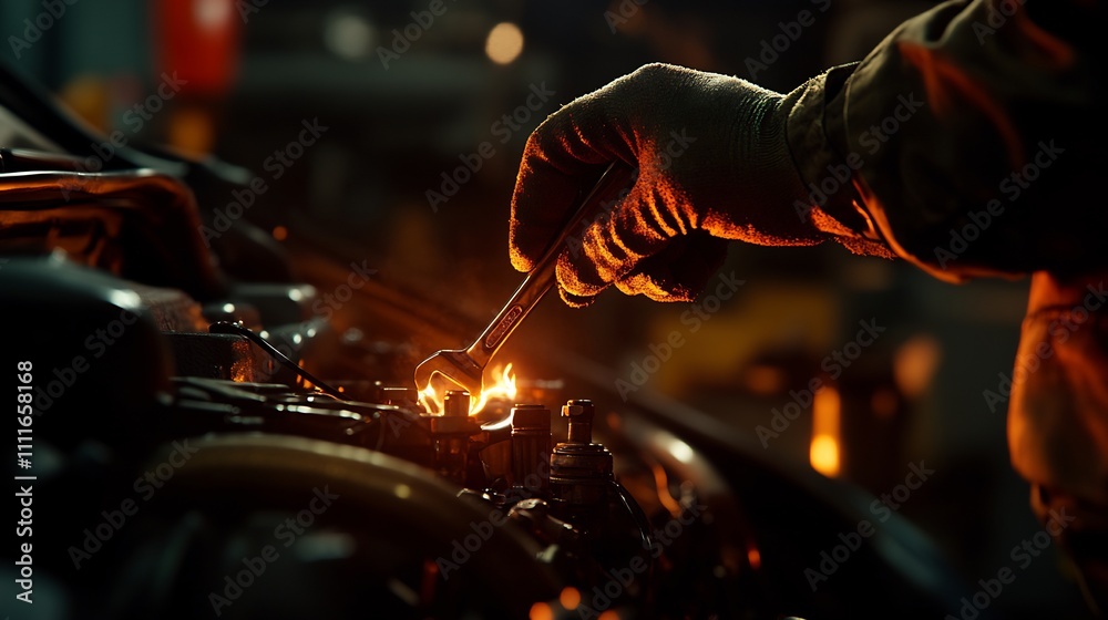 Mechanic's gloved hand using wrench on a car engine with sparks Mechanic's gloved hand using wrench on a car engine with sparks