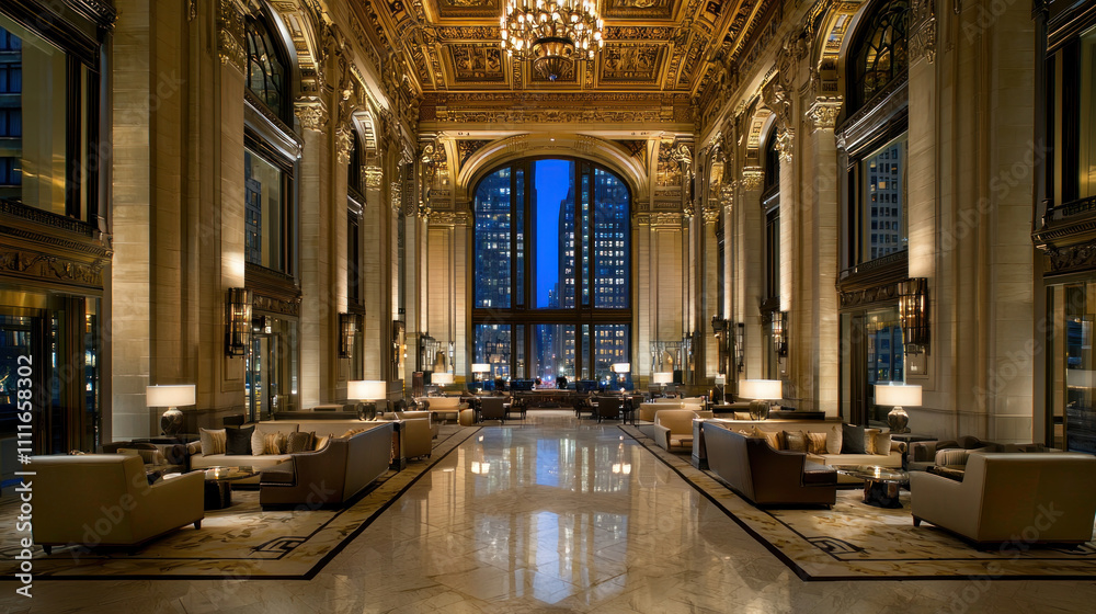 Fototapeta premium Grand hotel lobby with ornate decor, city view.