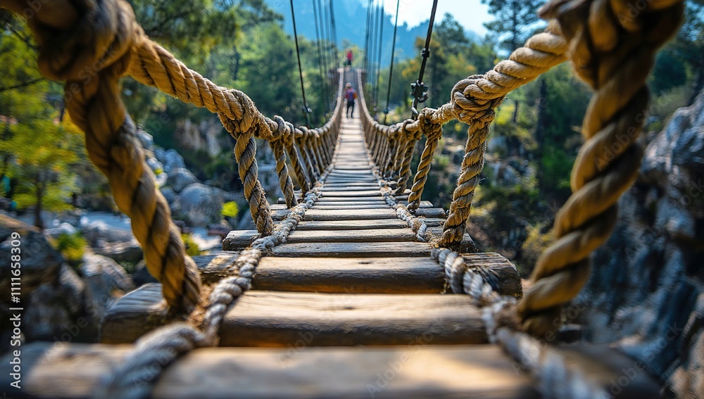 Fototapeta premium A Rustic Wooden Rope Bridge Over a Gorge: Thrilling Walkway Across a Deep Ravine in Lush Green Nature