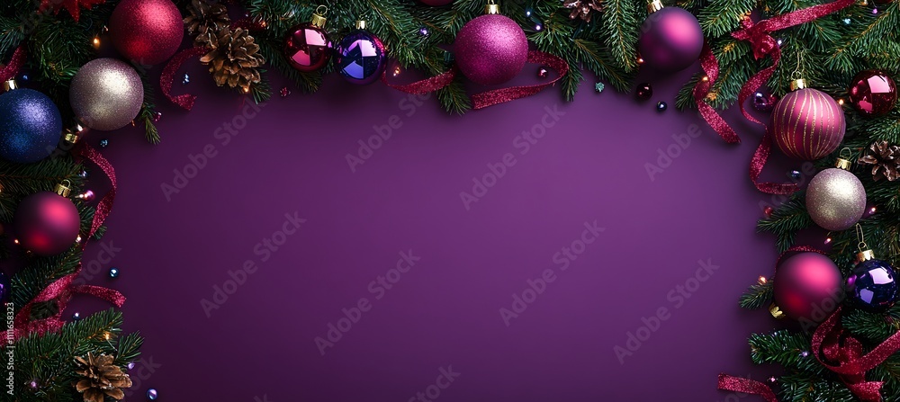 A purple background with a border of hanging Christmas ornaments and ribbons, leaving space for text or design elements,
A purple background with a border of hanging Christmas ornaments and ribbons, leaving space for text or design elements,