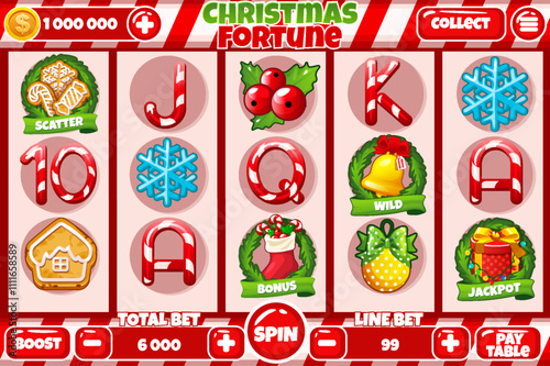 Casino slot machine, game UI design, gambling mobile app concept for the Christmas or candy themed Casino Game. The slot game user interface with basic buttons and set of 12 slot symbols.