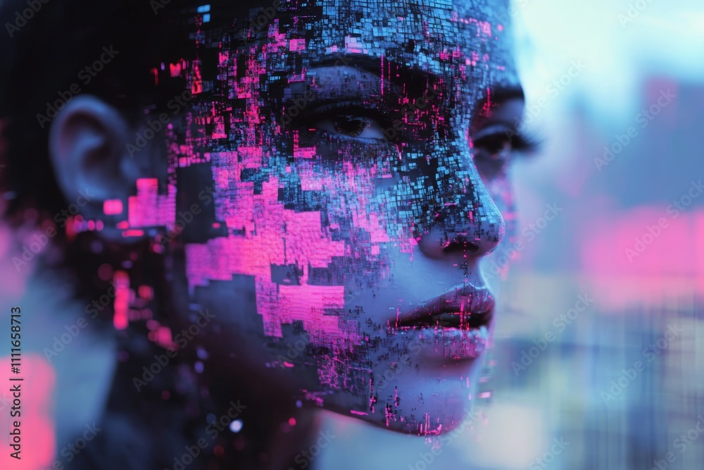 A woman's face is made up of pixelated blocks of pink and purple A woman's face is made up of pixelated blocks of pink and purple