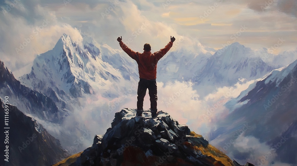 Obraz premium Triumphant Silhouette on Majestic Mountain Peak at Dramatic SunriseSunset