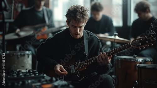 Lead guitarist rehearsing with bandmates photo