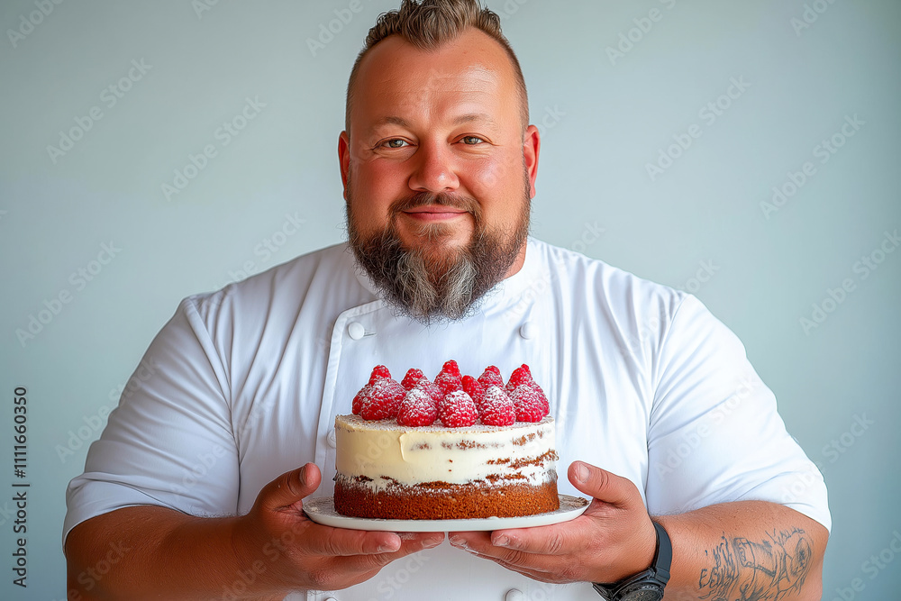 Middle aged pastry chef joyfully presenting a beautifully decorated cake in a bright indoor setting during a celebration Middle aged pastry chef joyfully presenting a beautifully decorated cake in a bright indoor setting during a celebration