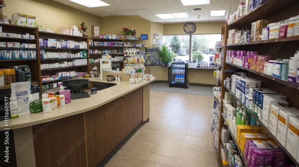 Pharmacy Interior with Shelves of Medications Pharmacy Interior with Shelves of Medications