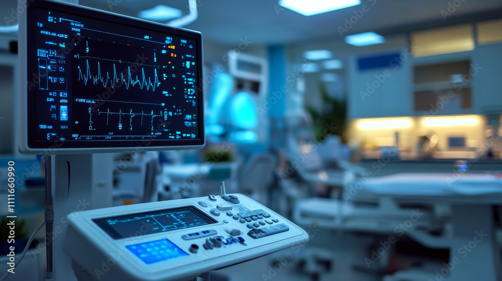 Medical monitor displays heart rate in a modern hospital room. Concept of healthcare technology. Medical monitor displays heart rate in a modern hospital room. Concept of healthcare technology.