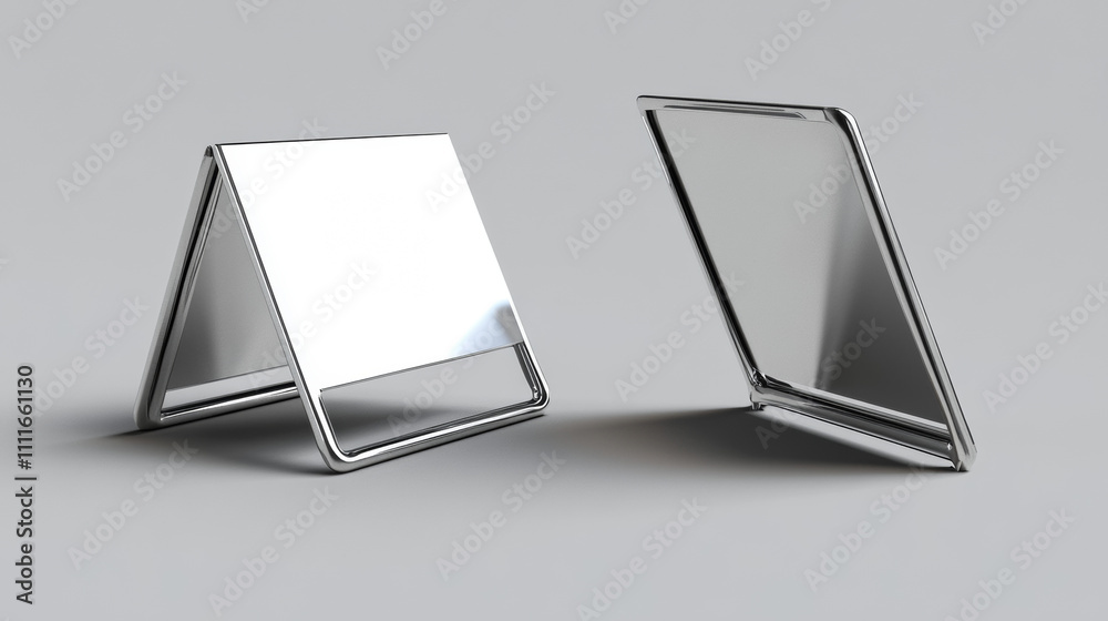 Table card holder, empty name plate. Vector realistic mockup of metal stand for identification tag for events front and angle view, steel frame for nameplate isolated on gray background Table card holder, empty name plate. Vector realistic mockup of metal stand for identification tag for events front and angle view, steel frame for nameplate isolated on gray background