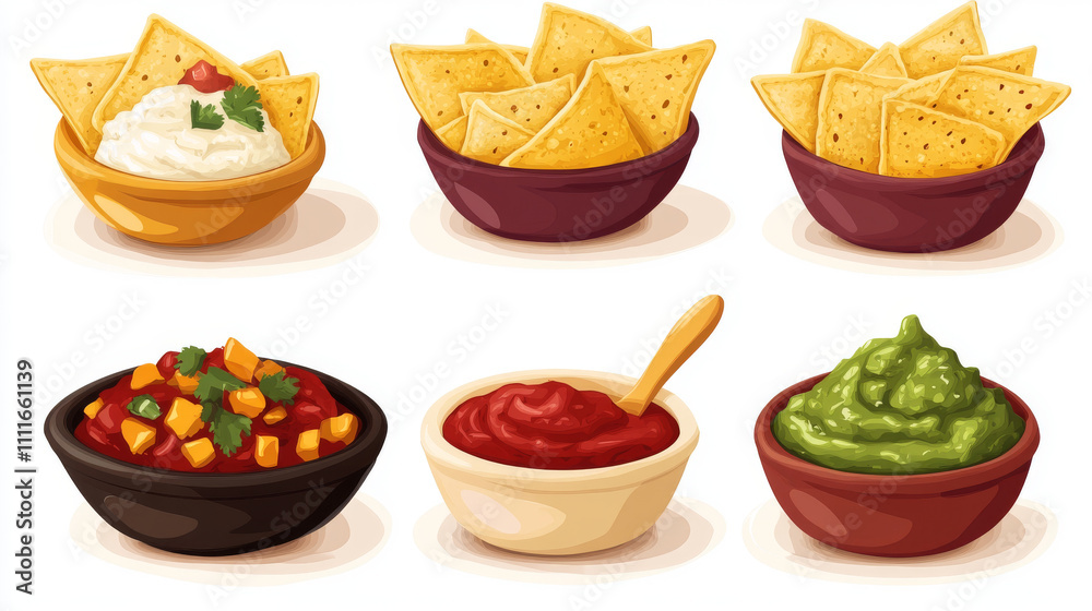 Nacho chips and sauces in bowls, mexican food with dressings. Vector cartoon set of salsa, ketchup, mayonnaise, guacamole and soy sauce with corn tortilla triangle chips isolated on white background Nacho chips and sauces in bowls, mexican food with dressings. Vector cartoon set of salsa, ketchup, mayonnaise, guacamole and soy sauce with corn tortilla triangle chips isolated on white background