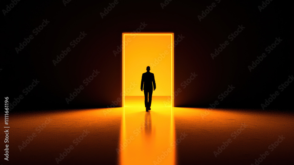 broken business entrepreneur leaving a vacant office with the lights turned off, A silhouette of a person walking through a brightly lit door, symbolizing new beginnings in a dark space. broken business entrepreneur leaving a vacant office with the lights turned off, A silhouette of a person walking through a brightly lit door, symbolizing new beginnings in a dark space.