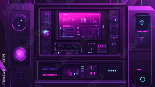 Purple server room equipment illustrations with abstract geometric shapes, technologically advanced data center cabinet with multicolored LED indicators and monitoring screen displaying statistics.