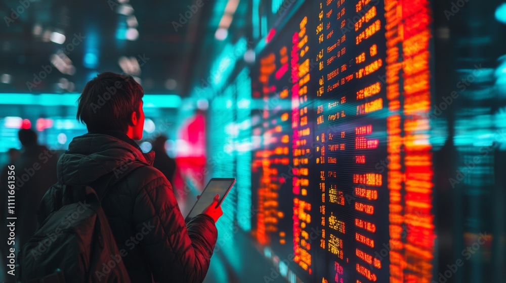 A person gazes at bright digital screens displaying information. Neon colors illuminate the modern surroundings. The blend of technology and urban life captivates. Generative AI A person gazes at bright digital screens displaying information. Neon colors illuminate the modern surroundings. The blend of technology and urban life captivates. Generative AI